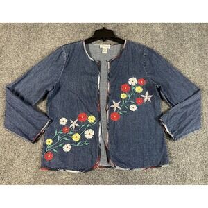Country Store Women's Denim Cardigan Shirt M Blue Embroidered Floral Top Shirt